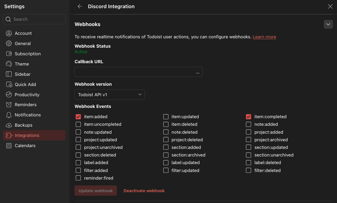 Todoist webhook events