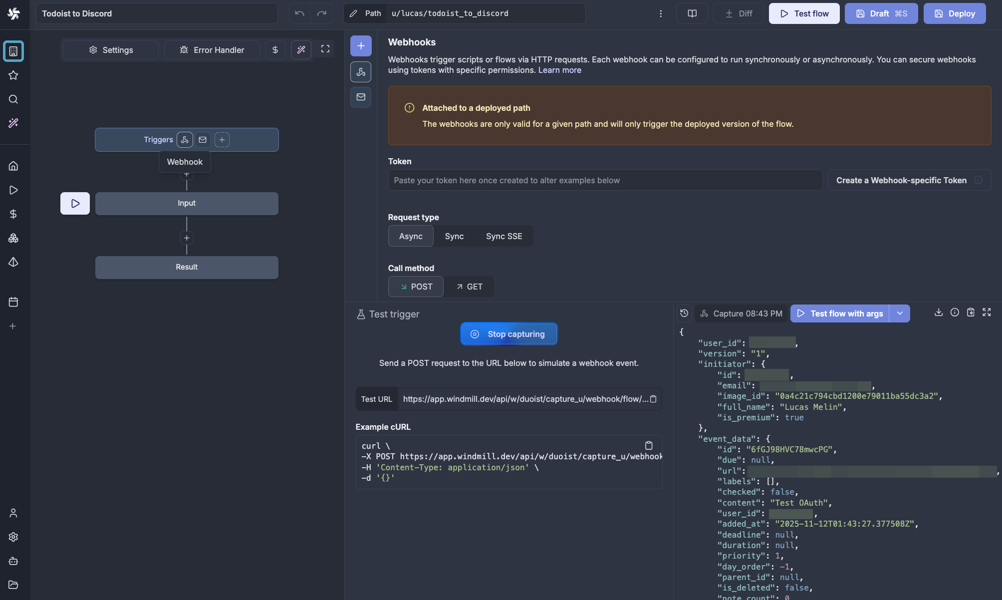 Captured webhook data