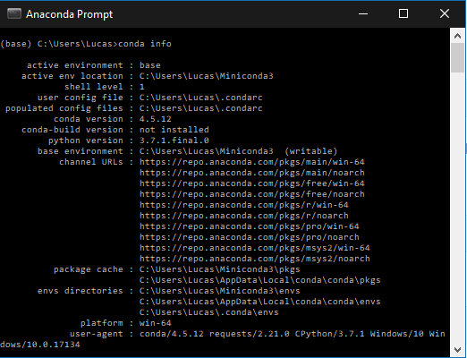Screenshot showing the output of conda info command