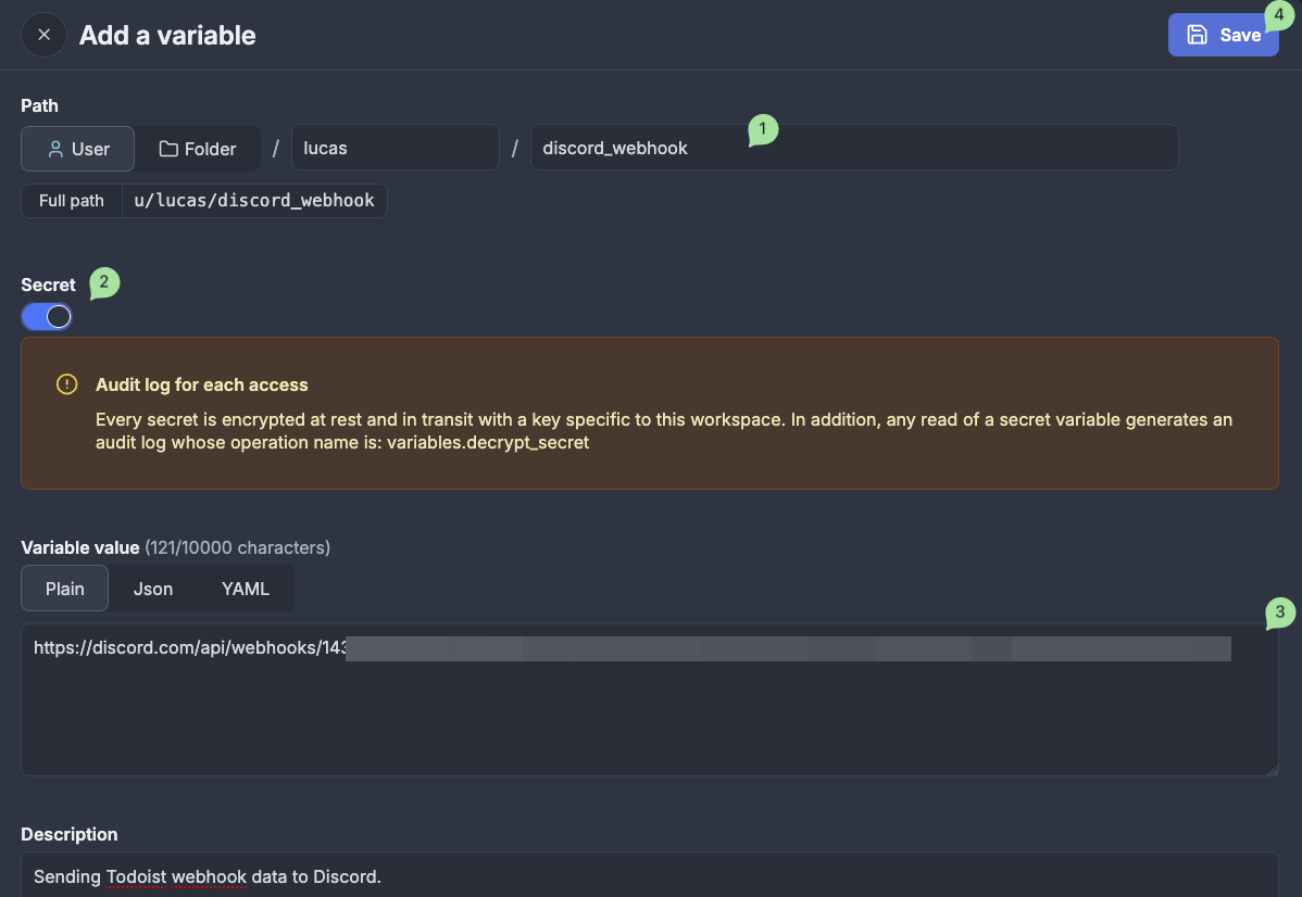 Discord webhook secret variable