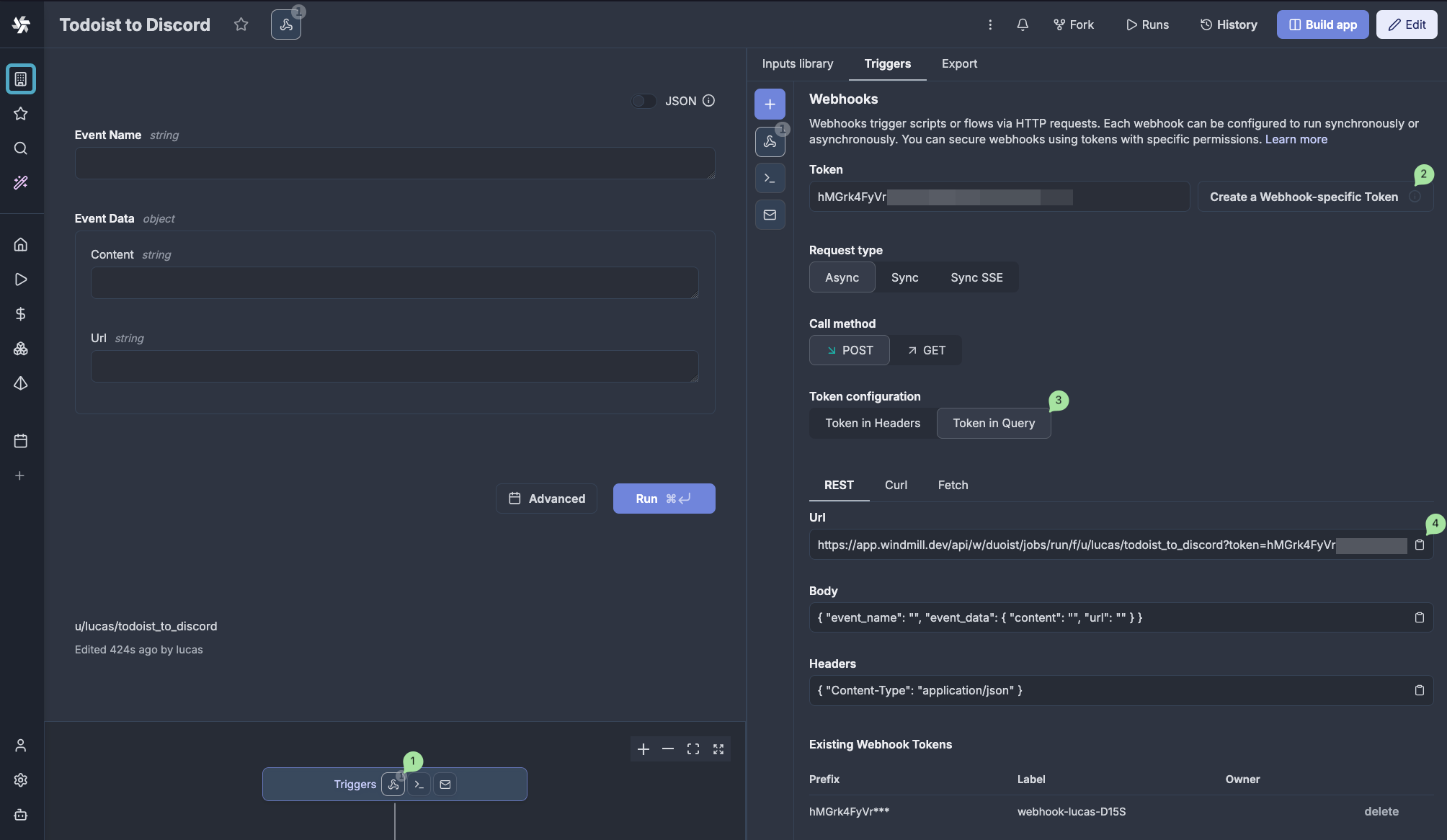 Adding the webhook token to the URL
